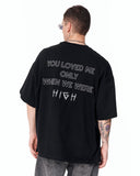 Loved Me Text Print Oversized Black T-Shirt with monochrome graphic design