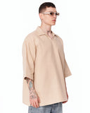 Men’s Oversized Linen Fabric Shirt with V-Neck in Beige featuring a relaxed oversized fit and soft fabric texture