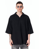 Men’s Oversized Linen Fabric Shirt with V-Neck in Black styled with faded grey jeans and white sneakers