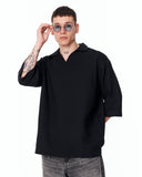 Men’s Oversized Linen Fabric Shirt with V-Neck in Black with wide sleeves and loose proportions