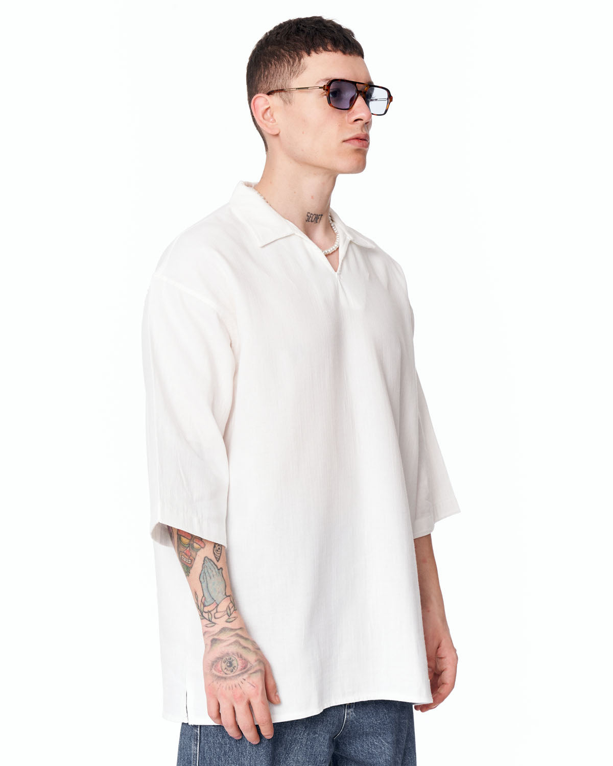 Men’s Oversized Linen Fabric Shirt with V-Neck in White