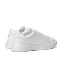 A pair of low-top white leather sneakers shown from a side-rear angle on a clean white background.