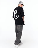 Yin Yang Brush Graphic Oversized Black T-Shirt with minimalist streetwear design