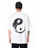 Yin Yang Brush Graphic Oversized White T-Shirt with abstract Yin Yang design