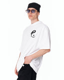 Yin Yang Brush Graphic Oversized White T-Shirt with monochrome graphic print