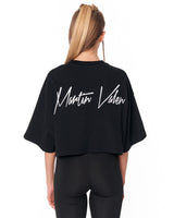 3D Embroidered Black Oversized Crop-Top T-Shirt