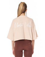 3D Embroidered Signature Beige Oversized Crop-Top T-Shirt