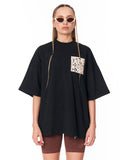 3D Embroidery Applique Lace Black T-shirt styled with brown biker shorts