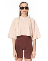 ‘777’ Oversized Beige Crop-Top T-Shirt with 3D Print Detail