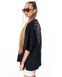 Embroidery Mandala Oversized Black T-shirt with minimal front logo