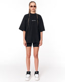 Gothic Depth Applique Patch Oversized Black T-shirt with monochrome graphic