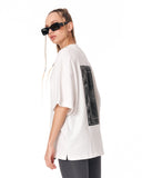 Gothic Depth Applique Patch Oversized White T-shirt with monochrome back pattern
