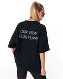 Look Mom Text Print Black Oversized T-Shirt with modern oversized silhouette