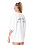 Look Mom Text Print White Oversized T-Shirt with minimalist text artwork