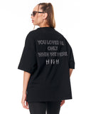 “Loved Me” Text Print Black Oversized T-shirt in casual black design