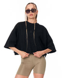 Black crop-top T-shirt with bold white back slogan