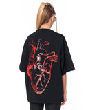 No Heart Graphic Black Oversized T-shirt with red anatomical heart artwork