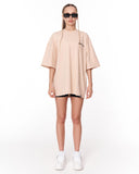 Oversized Chest 3D Printed Back Transfer Printed Beige T-shirt with detailed hand artwork