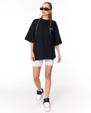 Women's Oversized Chest and Back 3D Printed Black T-Shirt side angle view