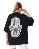 Women's Oversized Chest and Back 3D Printed Black T-Shirt with bold back graphic