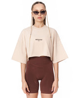 T-shirt crop-top beige oversize "Slogan" designer con stampa