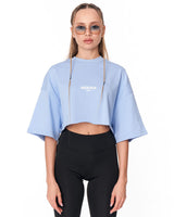 T-shirt crop-top blu oversize "Slogan" designer con stampa