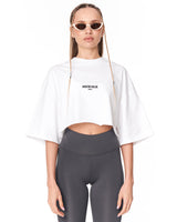 T-shirt crop-top bianca oversize "Slogan" designer con stampa