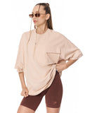 Utility Pocket Beige Oversized T-Shirt with wide short sleeves