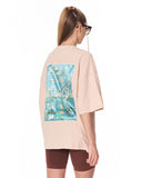Van Gogh Blossoms Oversized Beige T-shirt styled with brown biker shorts