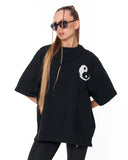 Yin Yang Brush Graphic Black Oversized T-Shirt with clean black base