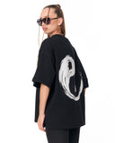 Yin Yang Brush Graphic Black Oversized T-Shirt with symbolic Yin Yang design