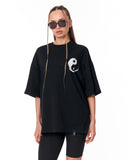 Yin Yang Brush Graphic Black Oversized T-Shirt with wide short sleeves
