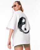 Yin Yang Brush Graphic White Oversized T-Shirt for women’s streetwear outfits
