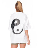 Yin Yang Brush Graphic White Oversized T-Shirt with wide short sleeves